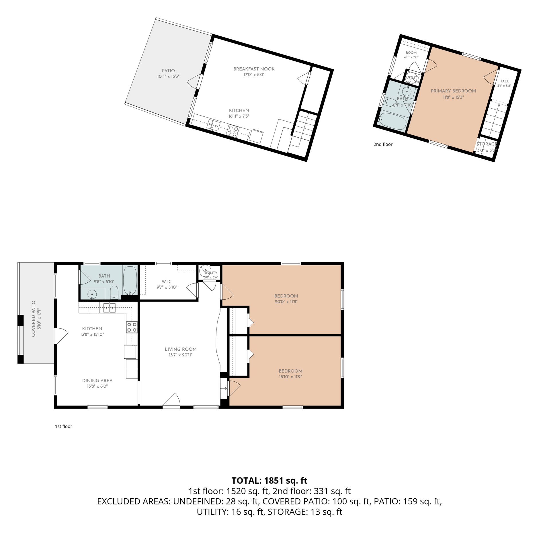 Sample digital floor plan of a Fort Worth home showing room dimensions across two levels plus a detached accessory structure, with an automatically generated area total