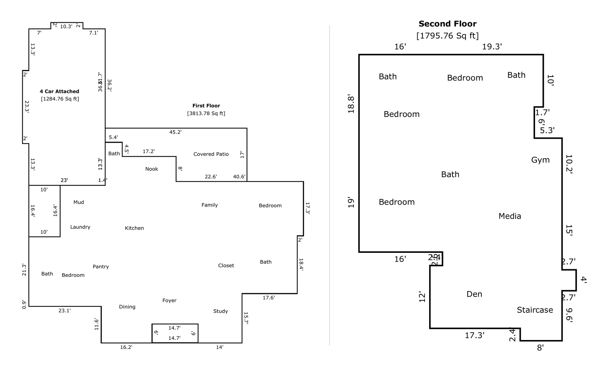 Sample appraiser measurement sketch showing first and second floor outlines with wall dimensions, room labels, and separate square footage figures for each floor and for the attached garage